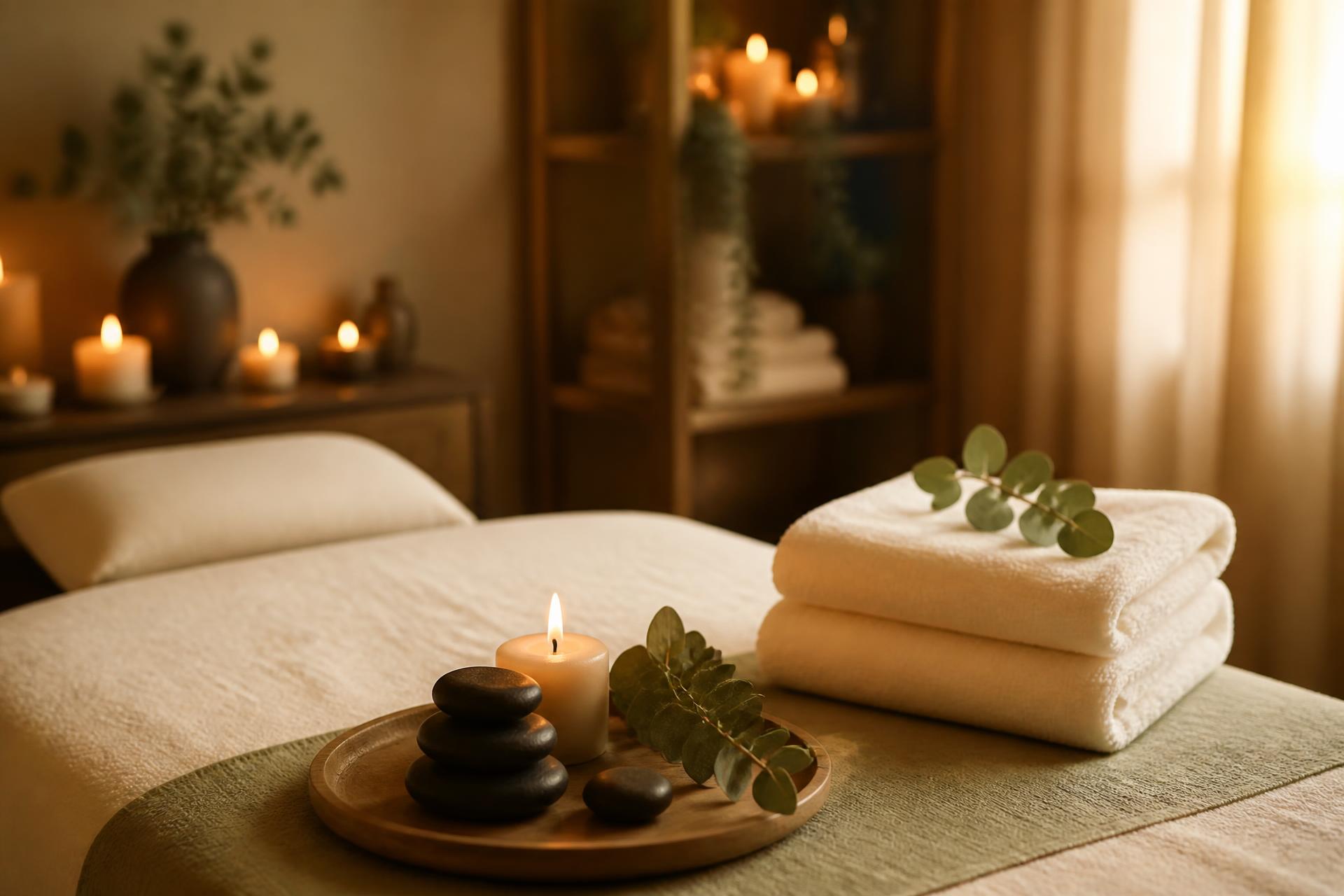 Candlelit massage room with folded towels, hot stones and eucalyptus