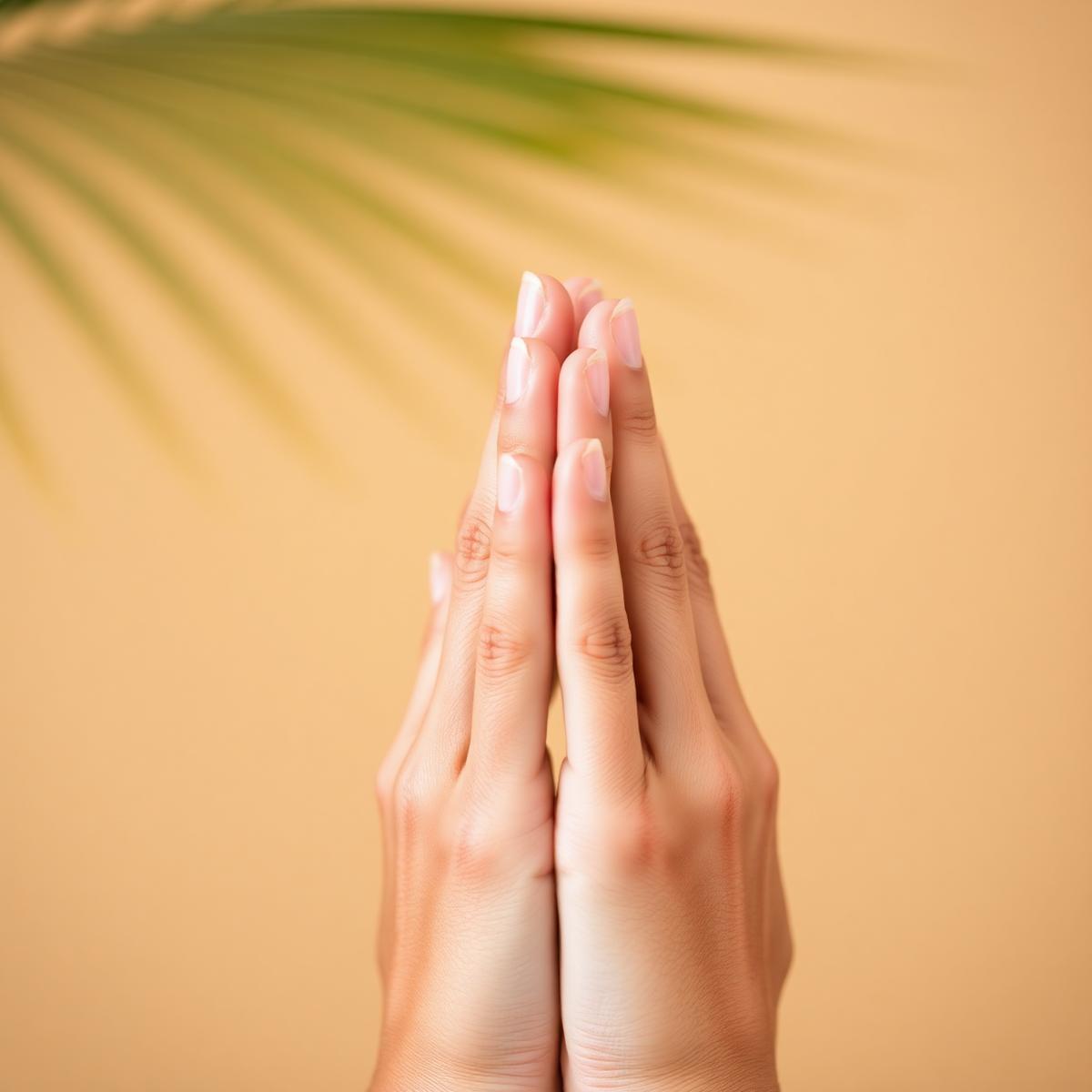 Hands pressed together in a prayer gesture beneath a palm frond